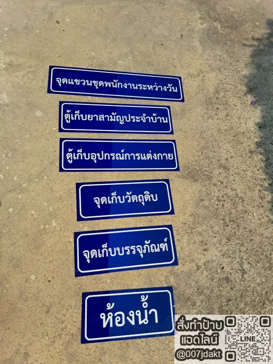 ชุดป้ายอะคริลิคสีน้ำเงินตัวอักษรขาว ระบุตำแหน่งต่างๆ เช่น จุดแขวนชุดพนักงาน ตู้เก็บยา จุดเก็บวัตถุดิบ และห้องน้ำ สำหรับติดตั้งในสถานประกอบการ