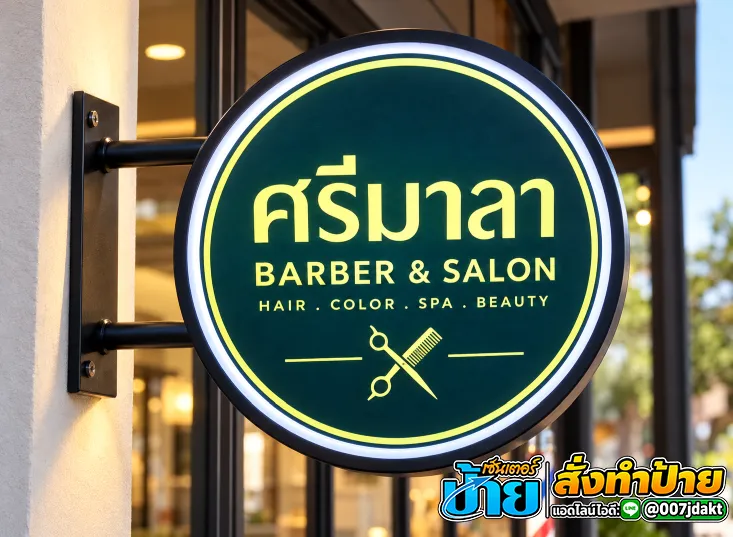 ป้ายกล่องไฟวงกลมร้านศรีมาลา Barber & Salon พื้นสีเขียวเข้ม ตัวอักษรสีเหลืองทอง ขอบไฟ LED สีขาว ตกแต่งรูปกรรไกรและหวี ติดตั้งยื่นออกจากผนังหน้าร้านเสริมสวย