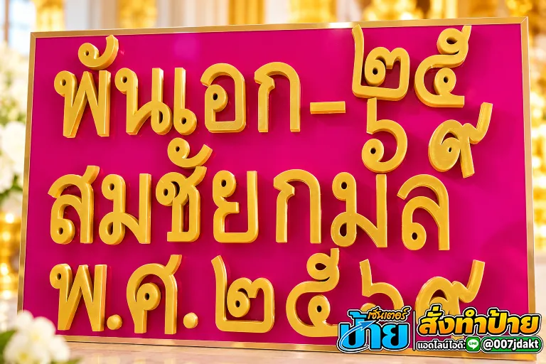 ป้ายตัวอักษรอะคริลิคสีทองนูนบนพื้นสีชมพูบานเย็นสดใส พร้อมกรอบสีทอง ทรงสี่เหลี่ยมผืนผ้าแนวนอน